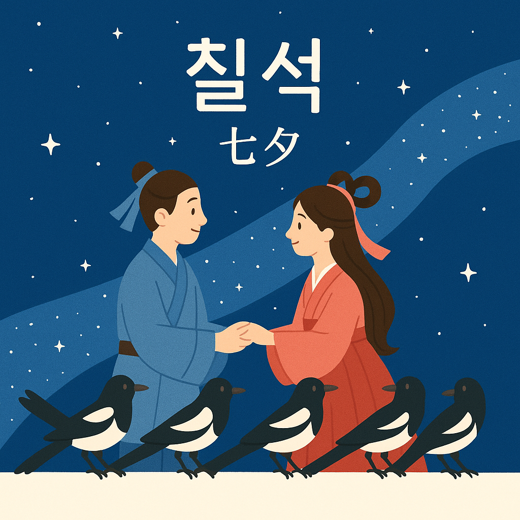 칠석을 주제로 한 일러스트. 별이 빛나는 밤하늘과 은하수를 배경으로, 파란 한복을 입은 견우와 붉은 한복을 입은 직녀가 까치들이 만든 다리 위에서 서로 마주 보고 손을 잡고 있다. 그림 상단에는 '칠석'이라는 한글과 '七夕'라는 한자가 적혀 있다.