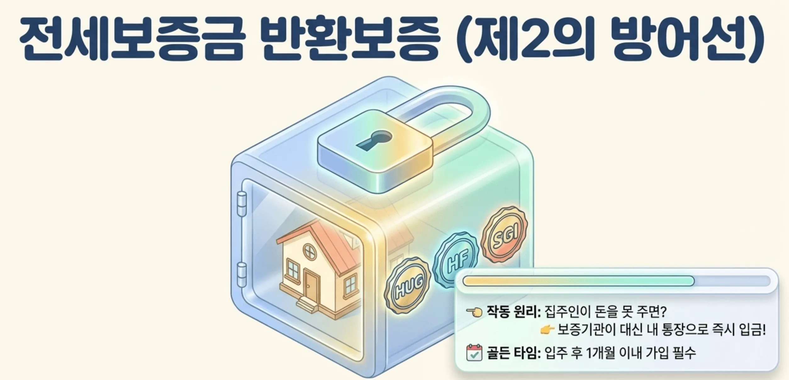 전세보증금 반환: 제2의 방어선인 전세보증금 반환보증 제도를 투명한 금고 안의 집 일러스트로 표현한 이미지입니다. HUG&amp;#44; HF&amp;#44; SGI 마크가 그려져 있으며&amp;#44; 집주인이 보증금을 주지 못할 때 보증기관이 대신 내 통장으로 즉시 입금해 주는 작동 원리를 설명합니다. 하단에는 입주 후 1개월 이내에 가입하는 것이 필수적이라는 골든 타임 안내가 포함되어 있습니다. 