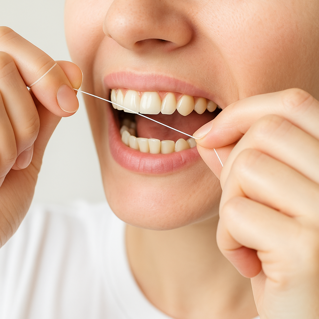 “치실로 치아 사이 청소하는 모습”
