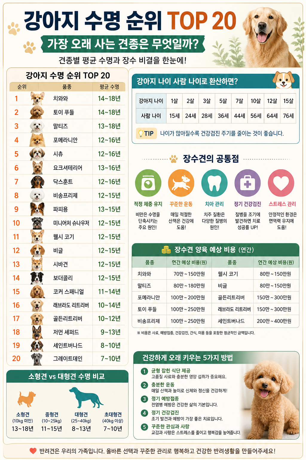 강아지 수명 순위 TOP 20