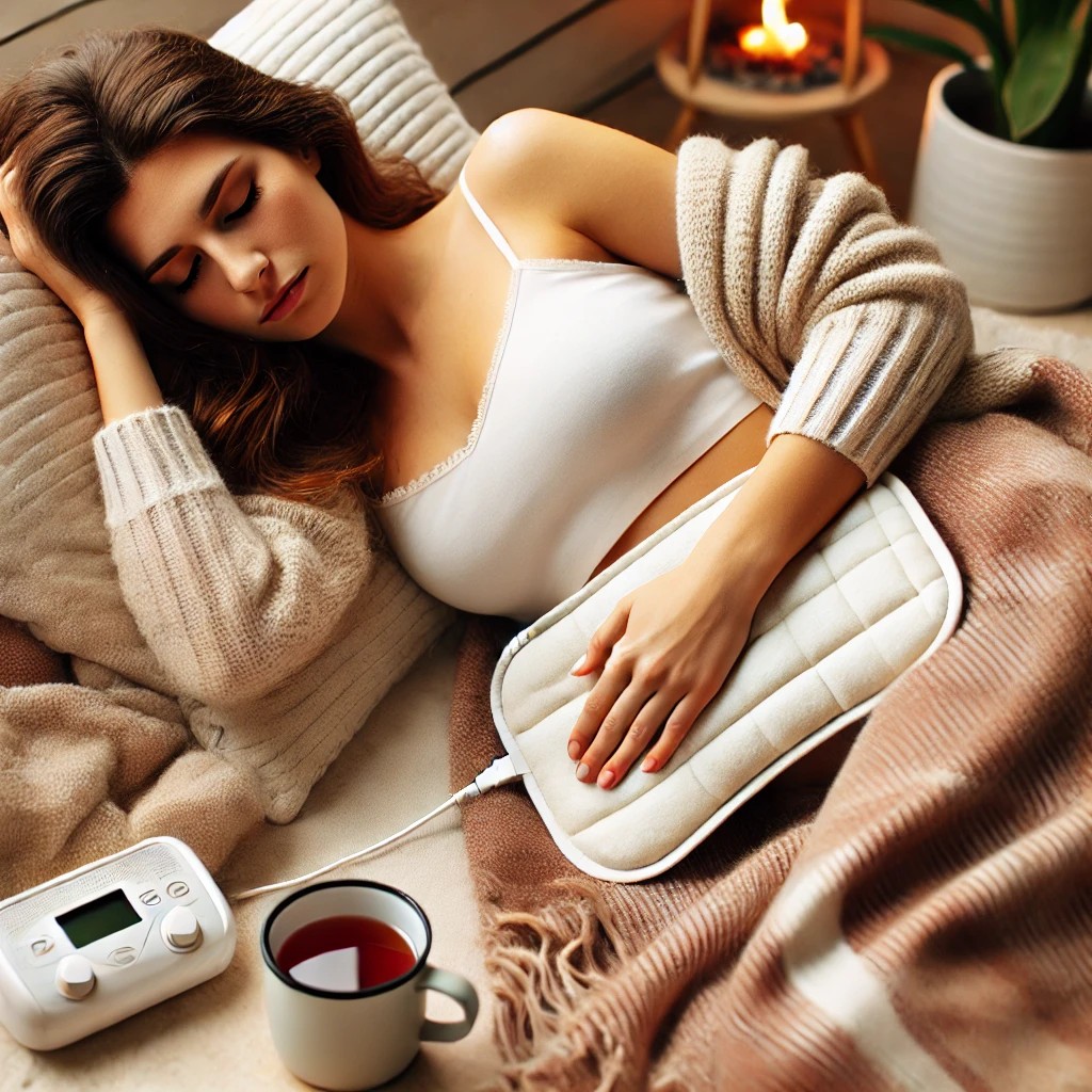 A woman resting with a heating pad on her abdomen during her period
