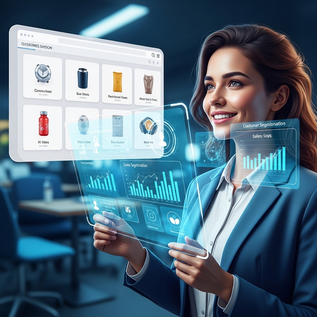 2026년 소규모 이커머스 상점 주인이 AI 대시보드를 보며 초개인화 마케팅 솔루션으로 매출을 관리하는 모습.