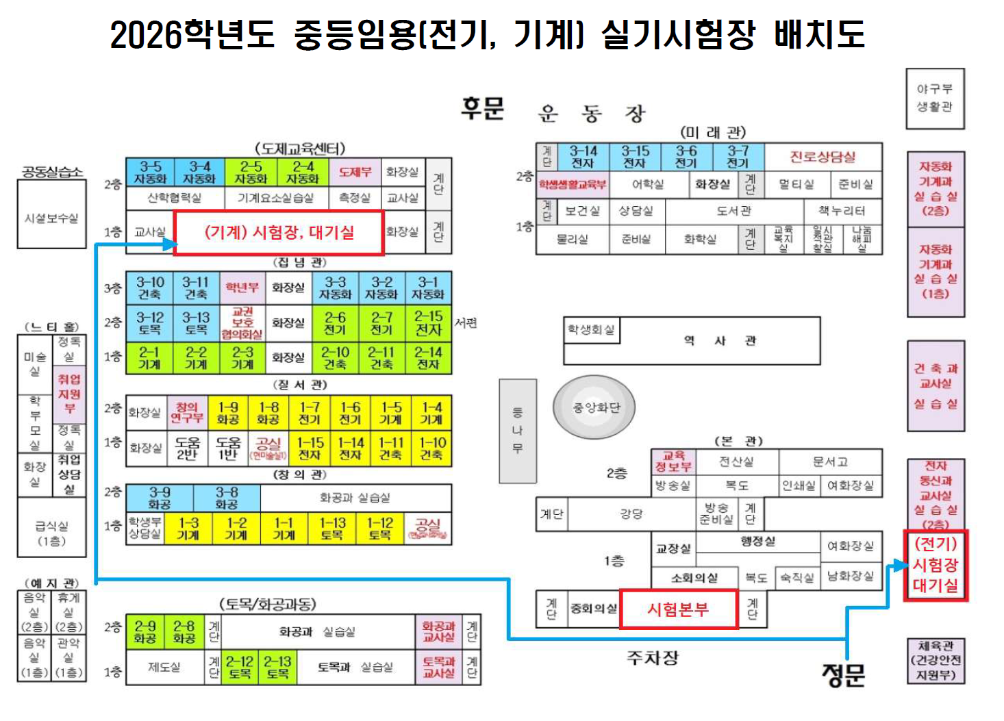 2026학년도 울산 중등임용 전기 기계 실기시험장 배치도, 울산공업고 전기 기계 실습실 시험장과 수험자 대기실 위치