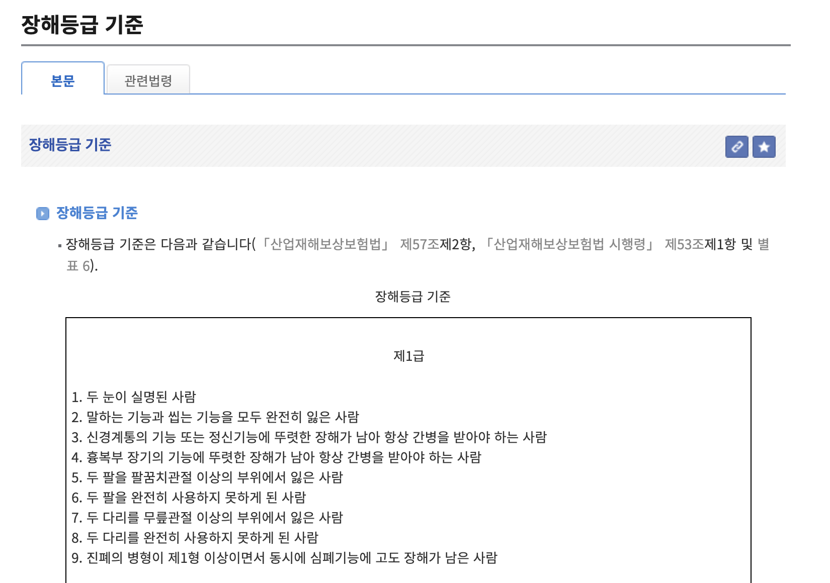 장해등급 분류표