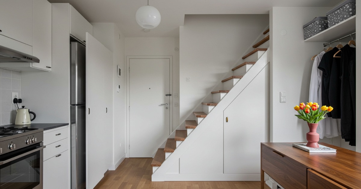 작은 공간에 틈새 수납장을 활용한 효율적인 인테리어 이미지