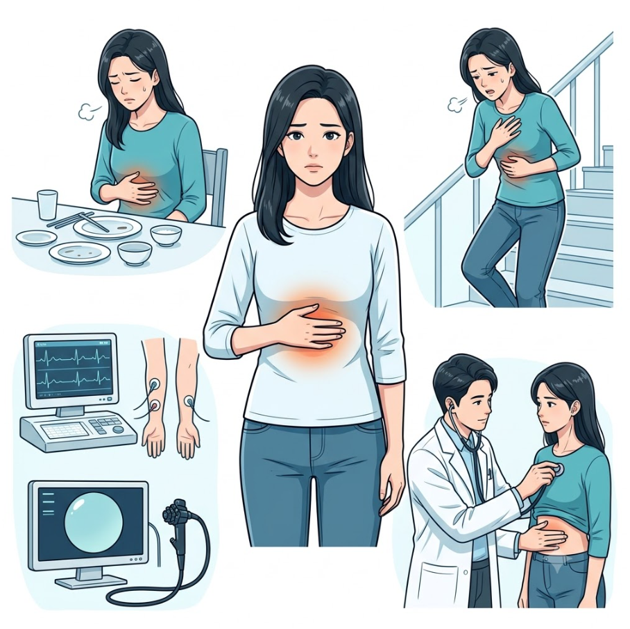 명치 위치, 식후 불편감, 운동 시 압박감, 의료 검사 및 진찰 내용을 종합한 요약 일러스트