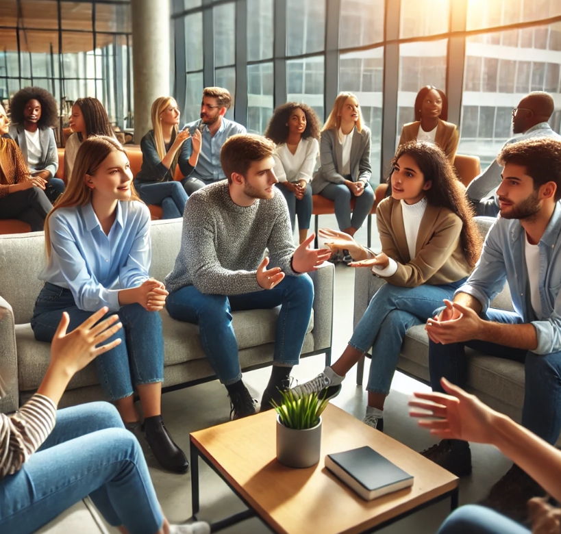 사람들이 모여서 이야기를 하고 있다.