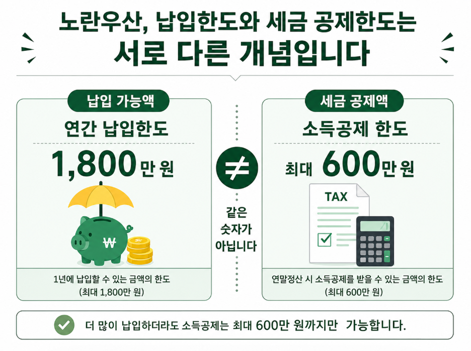 노란우산 연간 납입 가능 한도 1,800만 원과 소득공제 한도 최대 600만 원이 서로 다른 개념임을 보여주는 비교 도식