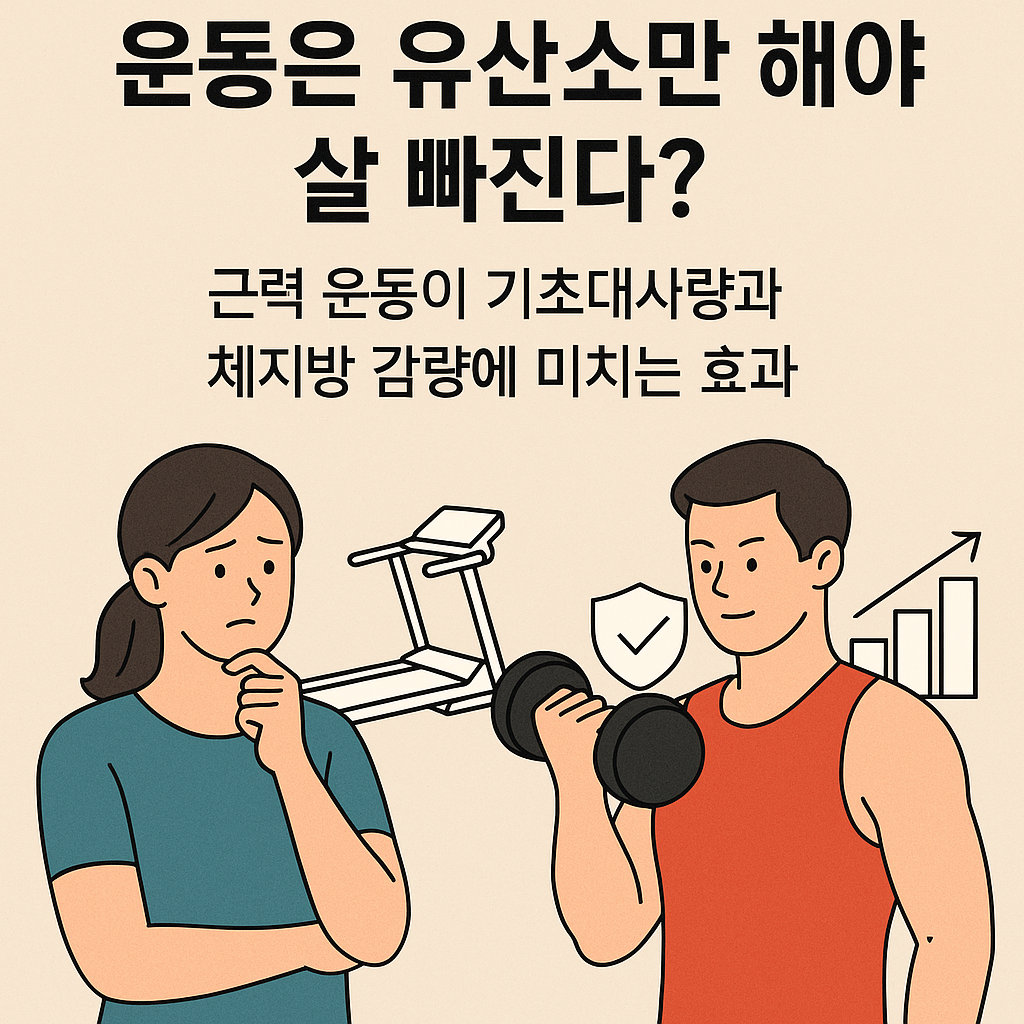 운동은 유산소만 해야 살 빠진다?”라는 질문과 함께, 러닝머신 앞에서 고민하는 여성과 아령을 드는 남성이 대비된 일러스트. 근력 운동이 기초대사량과 체지방 감량에 효과적임을 강조하는 이미지.
