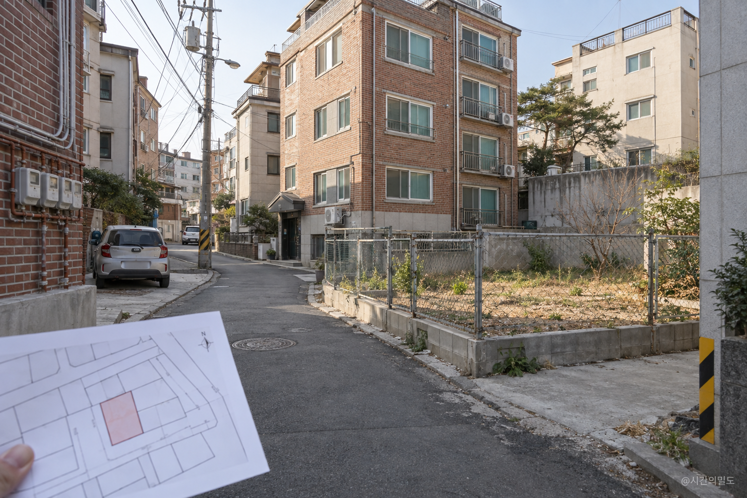 한국 빌라 골목 옆 작은 필지와 현장 지도를 함께 살펴보는 가상 장면