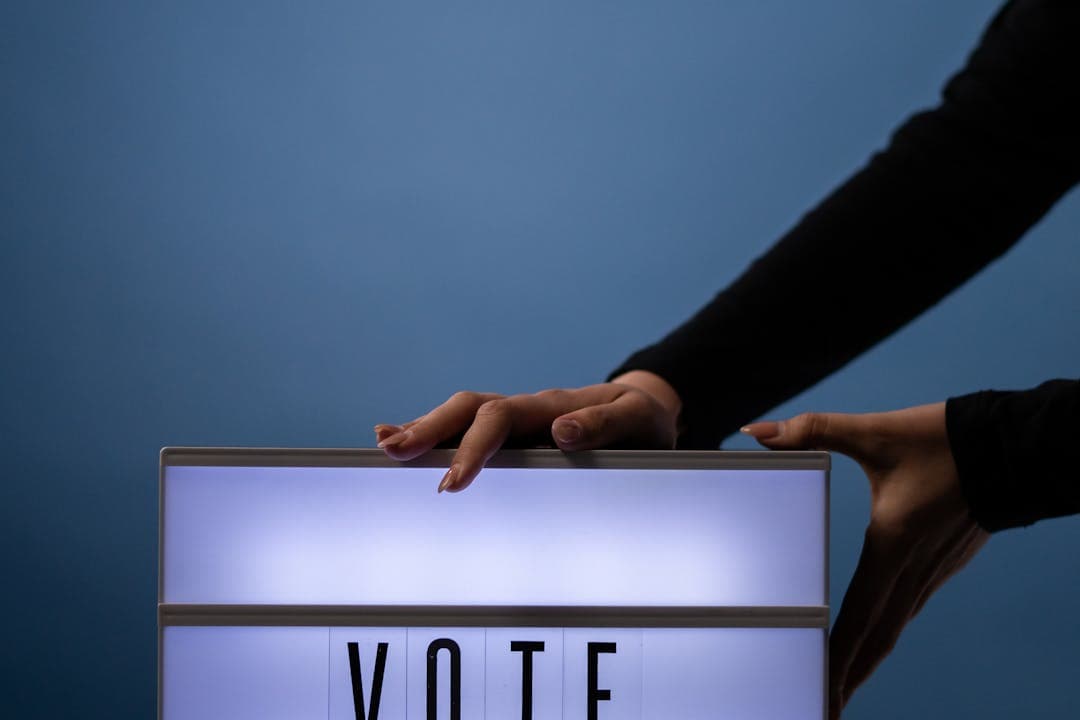 빛나는 투표 박스에 손을 얹은 모습