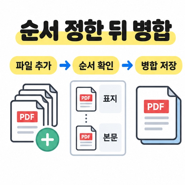 파일 추가, 순서 확인, 병합 저장의 흐름과 표지 다음에 본문을 배치한 설명용 파일 목록