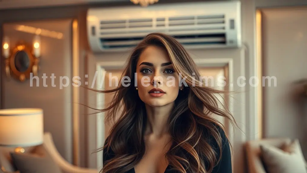 한 여성이 에어컨 앞에 서 있는 이미지.