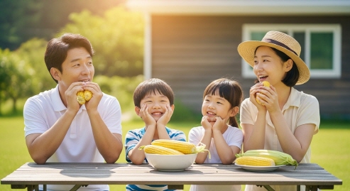 옥수수를 삶은 후 식탁 위에 놓고 여름의 햇살을 즐기는 한국 가족