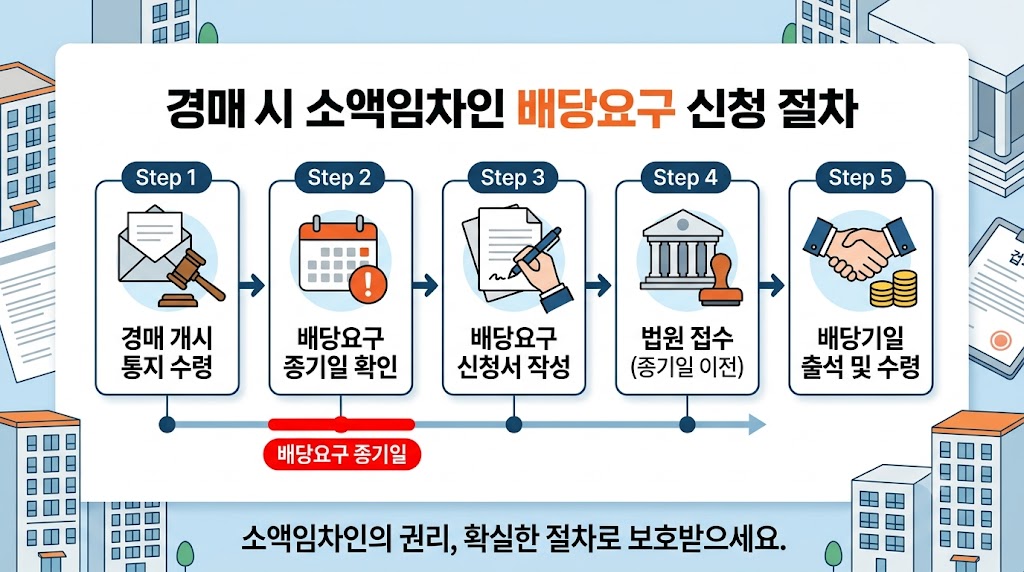 소액임차인 배당요구 신청 5단계 절차 - 경매 개시 통지부터 배당금 수령까지 순서도