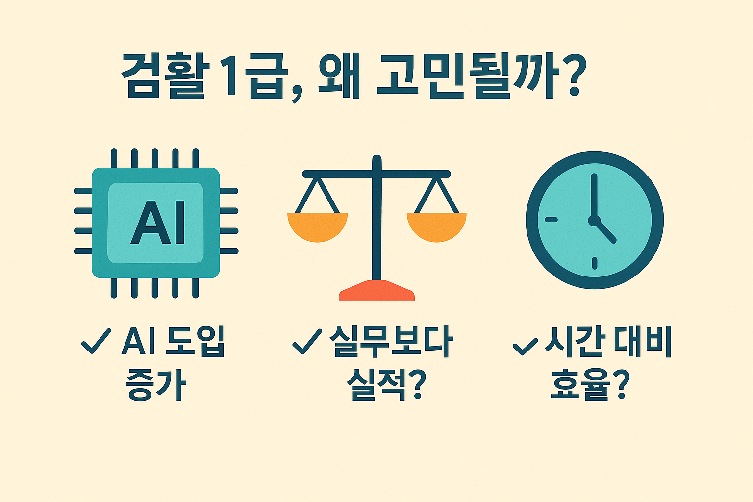 컴활 1급이 취업에 고민되는 이유를 AI도입 증가, 실무 적합성, 시간 효율성 등으로 요약한 인포그래픽