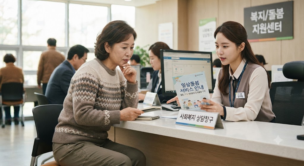 주민센터에서 일상돌봄서비스 문의하는 모습