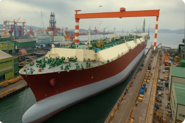 LNG 운반선이 조선소에서 건조 중인 모습