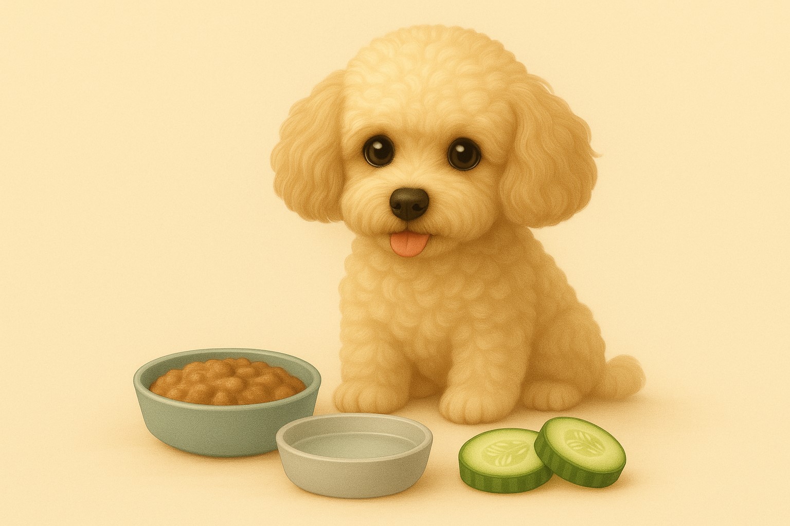 푸들이 옆에서 관심 있게 바라보는 장면, 앞에는 오이, 수분 보충용 물그릇, 습식 사료가 놓여 있음
