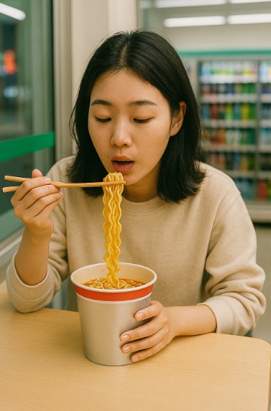 자취생이 편의점에서 라면 먹는 모습