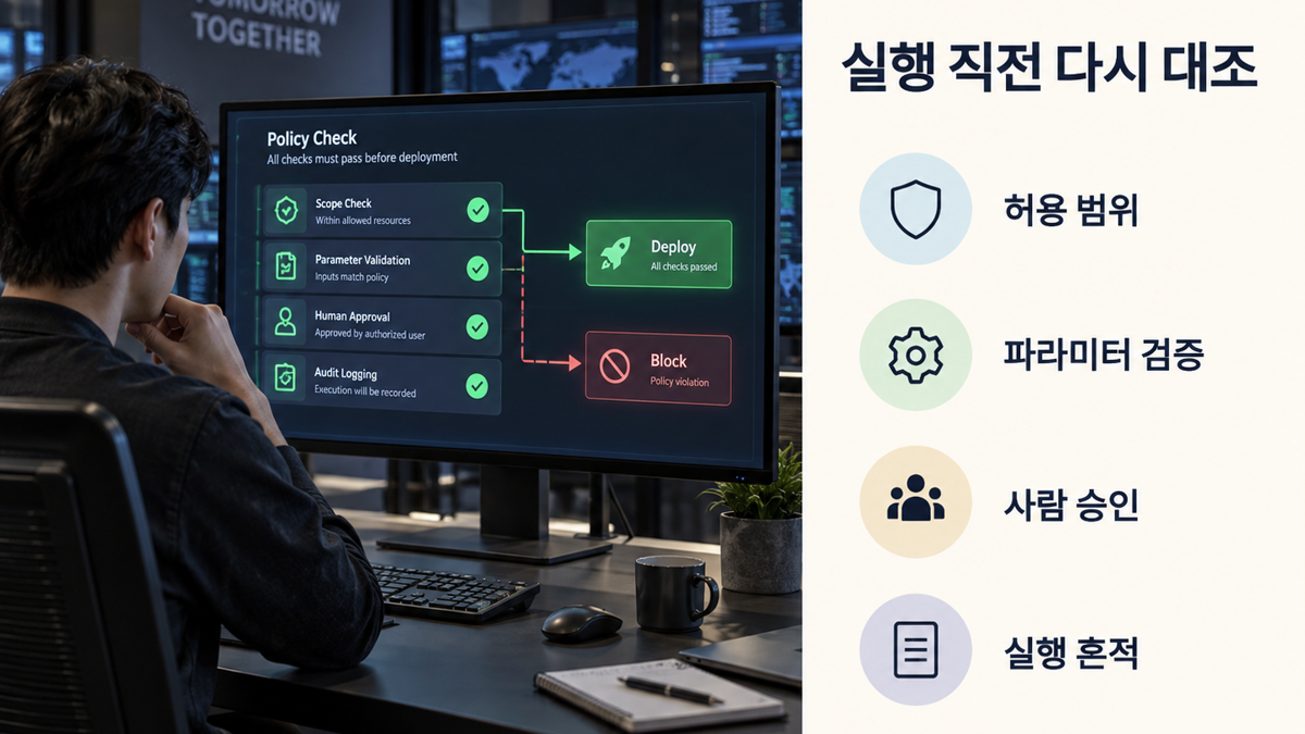 허용 범위·파라미터 검증·사람 승인·실행 흔적을 대조하는 고위험 도구 호출 제어 순서