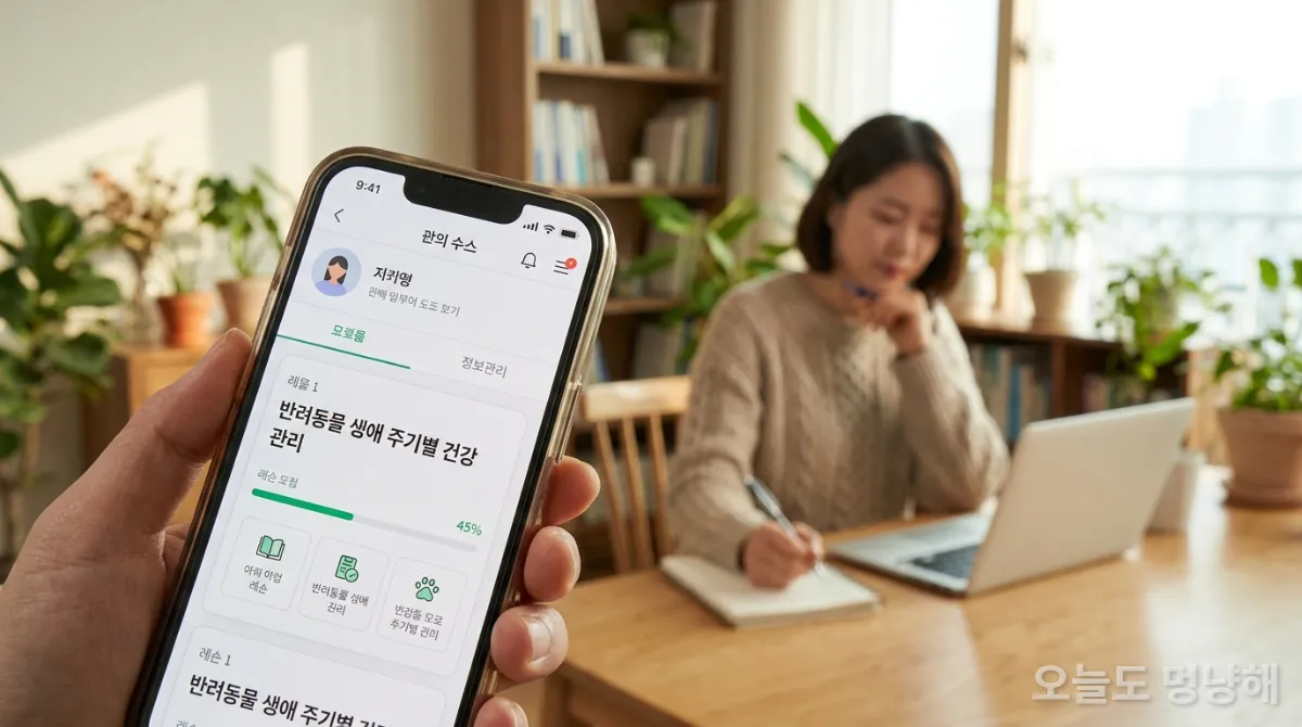 온라인 반려동물 교육 강의를 듣고 있는 여성의 스마트폰 화면