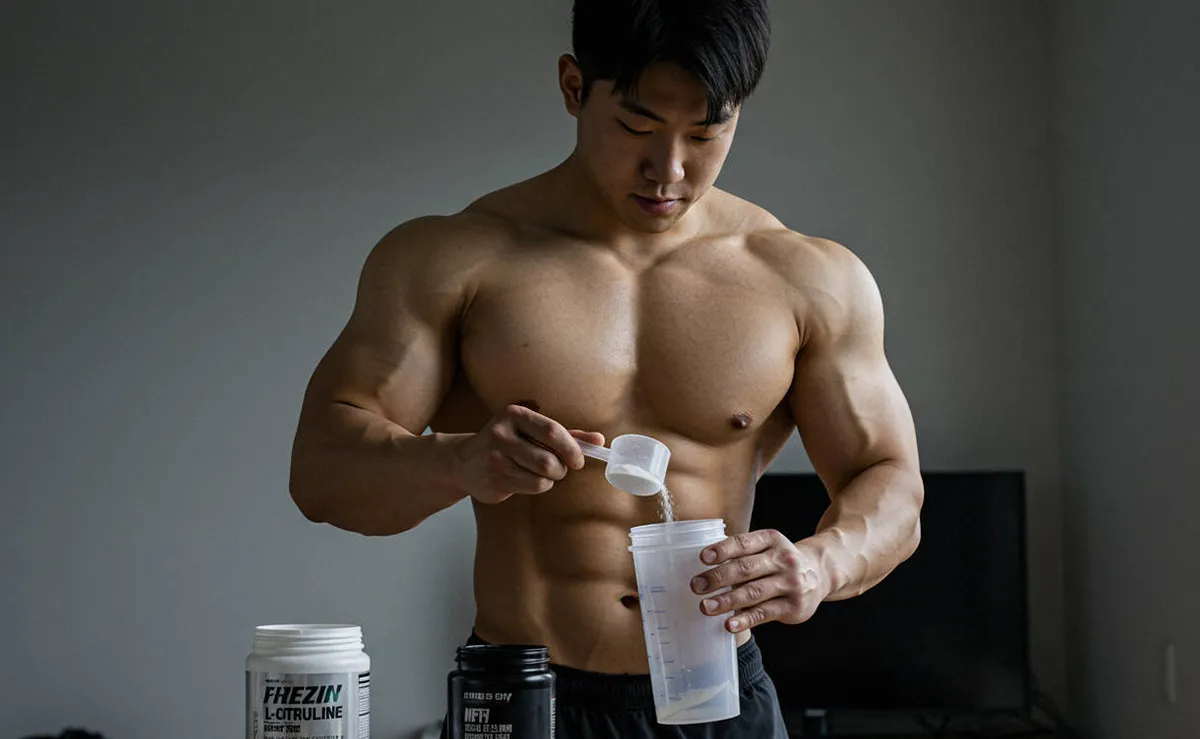 운동 전 L-시트룰린 보충제를 쉐이커에 타는 남성 보디빌더의 상체 모습