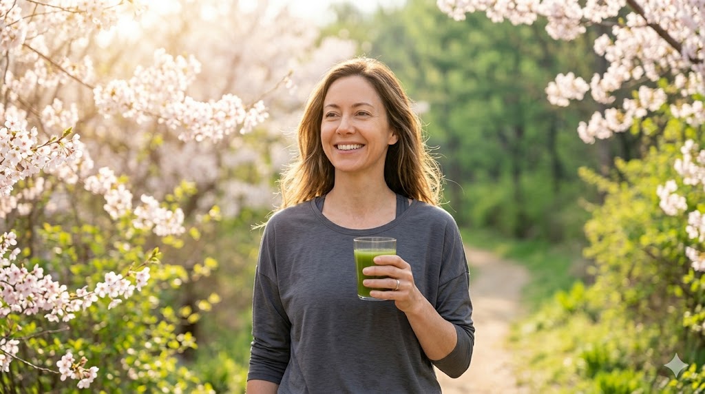 "햇살 아래서 건강하고 밝은 미소를 지으며 가볍게 산책하는 인물의 모습. 혈관 건강을 되찾아 활력을 얻은 라이프스타일을 상징하는 감성적인 실사 이미지."
