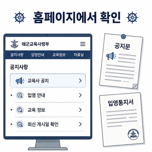 해군교육사령부 홈페이지에서 교육사 공지와 입영 안내, 교육 정보를 확인하는 모습을 정리한 이미지