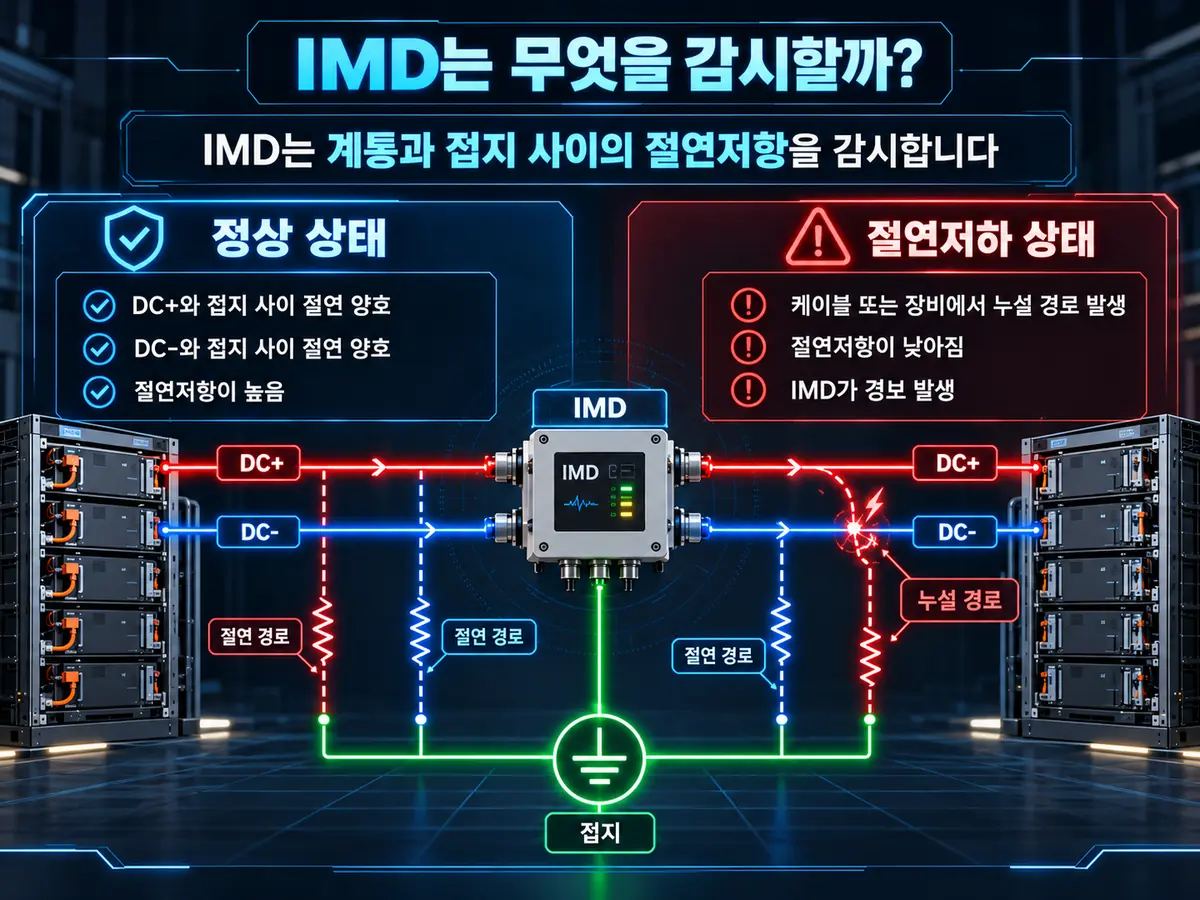 IMD가 DC 계통과 접지 사이 절연저항을 감시하는 원리