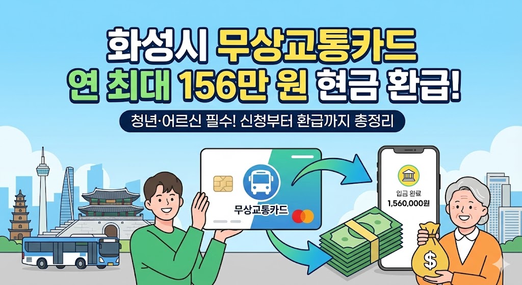 화성시 무상교통카드 연 최대 156만 원 현금 환급 안내 인포그래픽. 청소년·청년·어르신 대상별 지원 금액과 신청 절차, 하차 태그 필수 유의사항이 요약된 이미지
