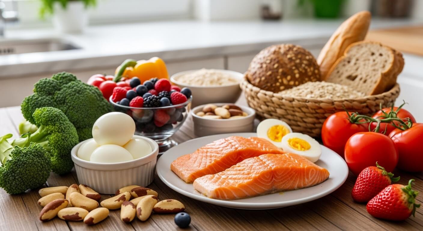 갑상선 건강에 좋은 음식인 연어, 달걀, 브로콜리, 견과류와 통곡물 식단