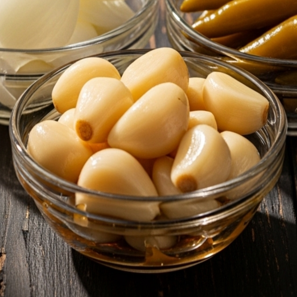 마늘을 식초물에 담근 후 10일이 지난 모습 (색이 약간 투명해진 마늘)