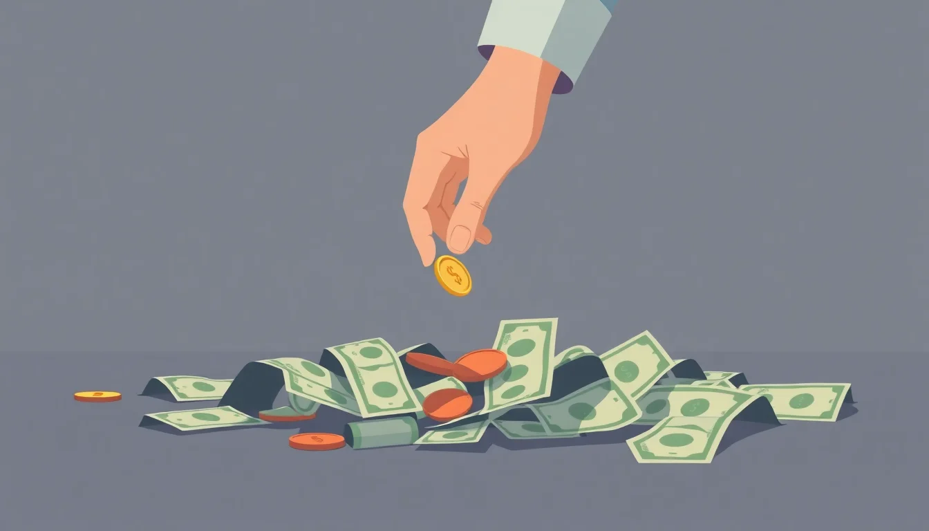 돈 더미에 동전을 떨어뜨리는 손