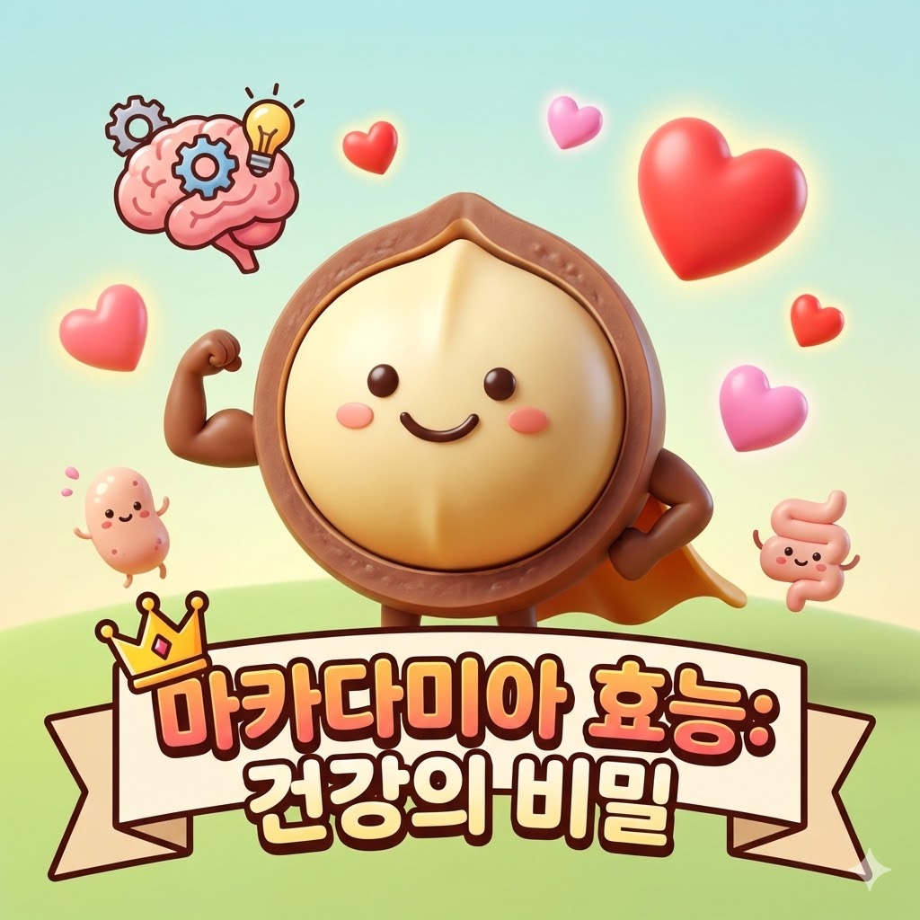 활기찬 모습의 귀여운 마카다미아 캐릭터가 하트, 뇌, 유산균 캐릭터들과 함께 건강을 상징하는 포즈를 취하고, '마카다미아 효능: 건강의 비밀'이라는 문구가 있는 3D 카툰 일러스트.