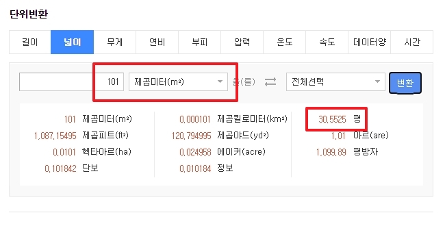 101제곱미터를 평으로 환산했을 때 30.55평이 나오는 계산 결과