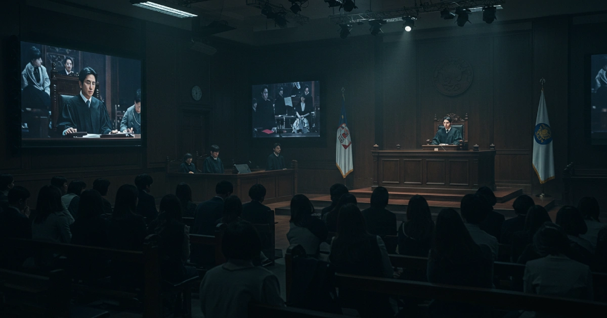 디스토피아 법정에서 권위적인 판사가 재판을 생중계하는 장면