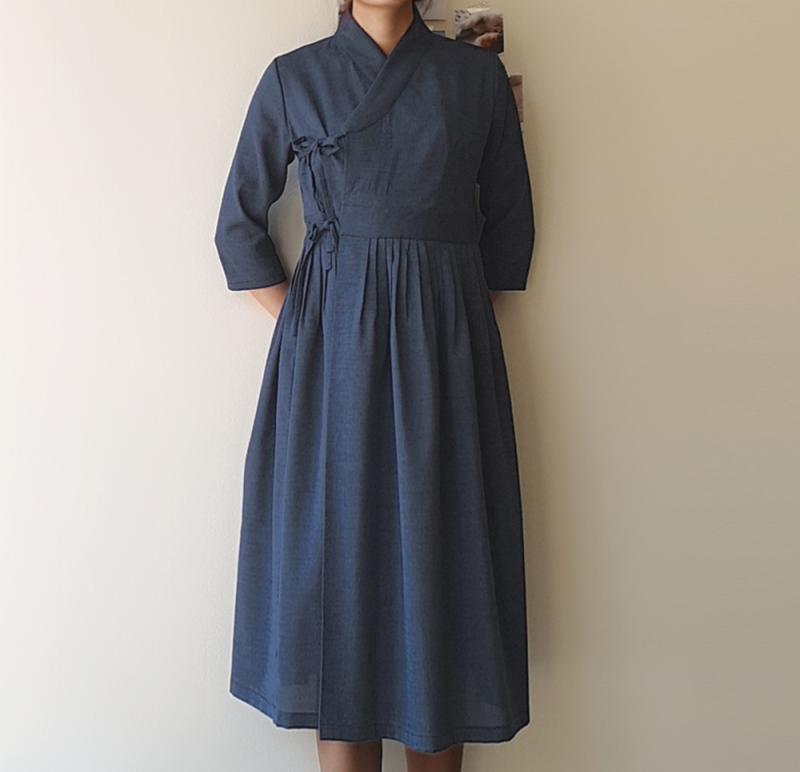 여름생활한복 기품 네이비 철릭원피스(반팔로 제작가능)