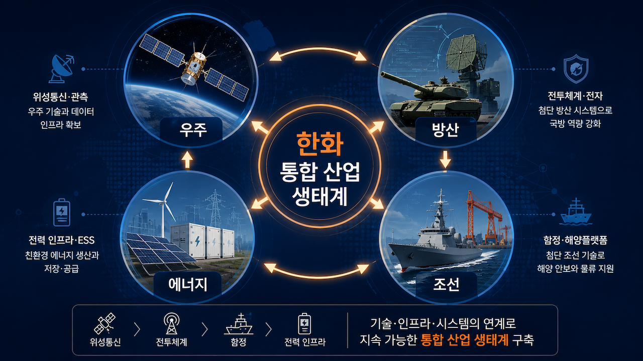 우주&middot;방산&middot;조선&middot;에너지 산업이 서로 연결되는 한화 통합 산업 생태계 인포그래픽