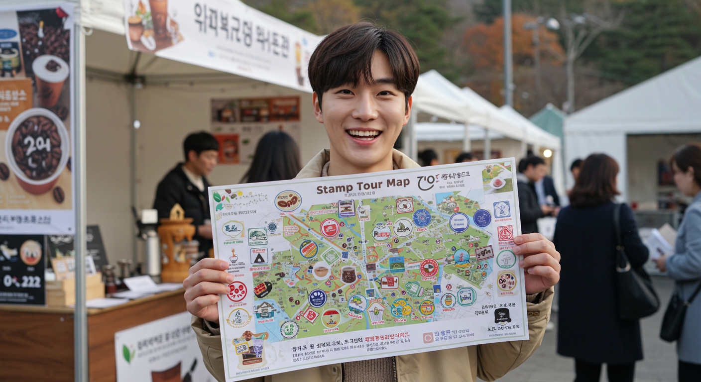 강릉 커피 페스티벌 스탬프 투어 지도와 참여자