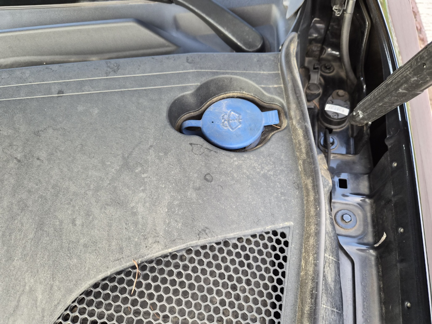 벤츠 E220d AMG Line 보닛 내부 워셔액 탱크, 파란색 워셔액 주입구 캡이 닫혀 있는 상태