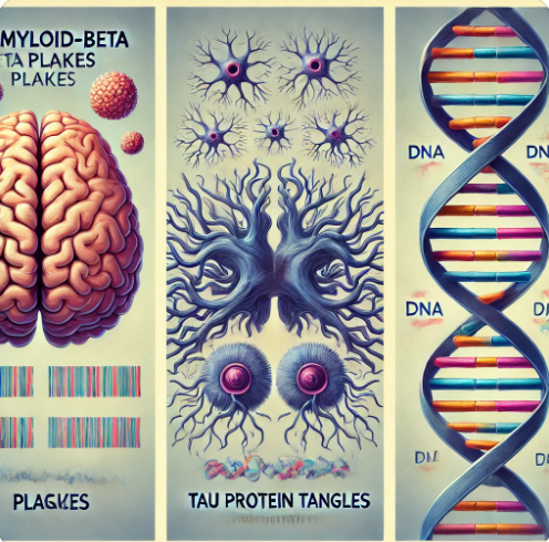 알츠하이머 치매의 주요 원인
아밀로이드 베타 (왼쪽)-뇌의 외부에 비정상적으로 응집된 아밀로이드 플라크가 시각화
타우 단백질 (가운데)-뇌 세포 안에 꼬인 타우 단백질이 신경망을 막는 모습
유전적 요인 (오른쪽)-NA 이중 나선 구조에 강조된 특정 염기 구간이 유전적 취약성을 나타냄.