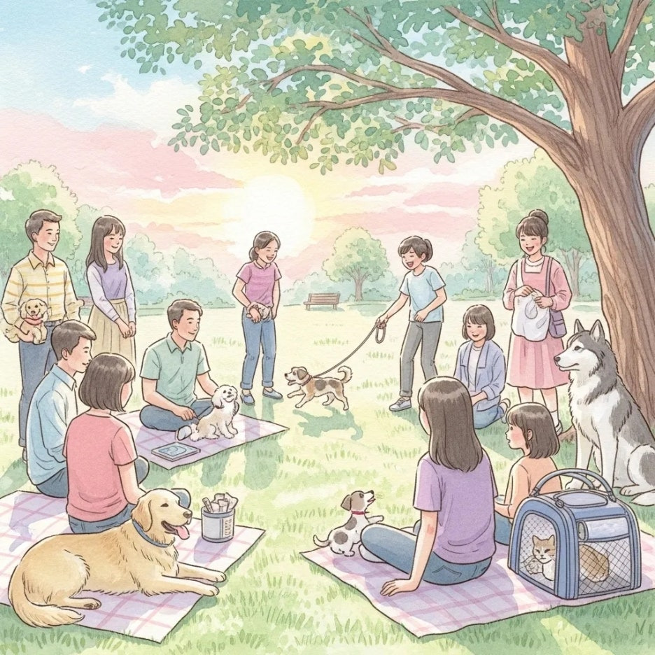 반려동물과 사람들이 함께 어울리는 공원 풍경