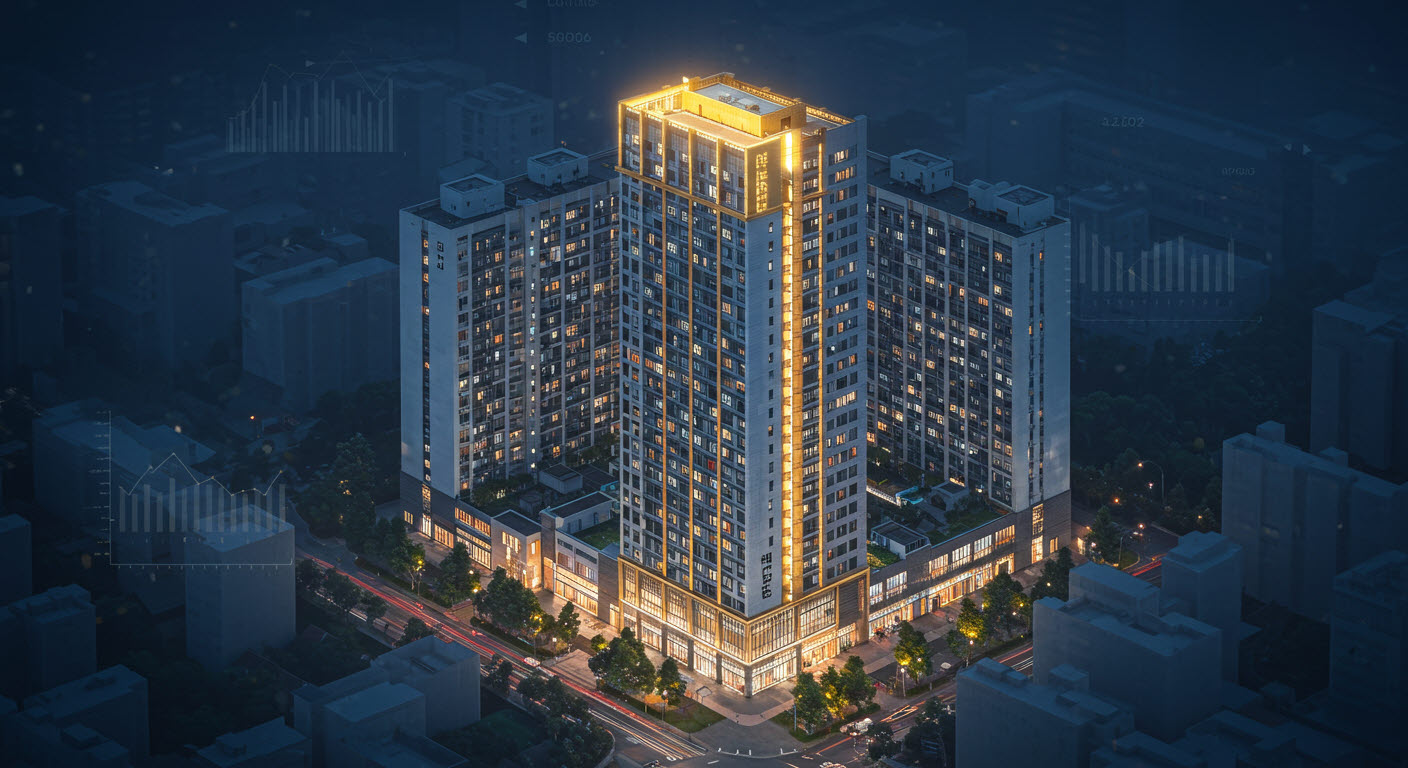 아파트로 둘러싸여있는 단지중에 새로운 아파트만 불이 불이 켜져있다