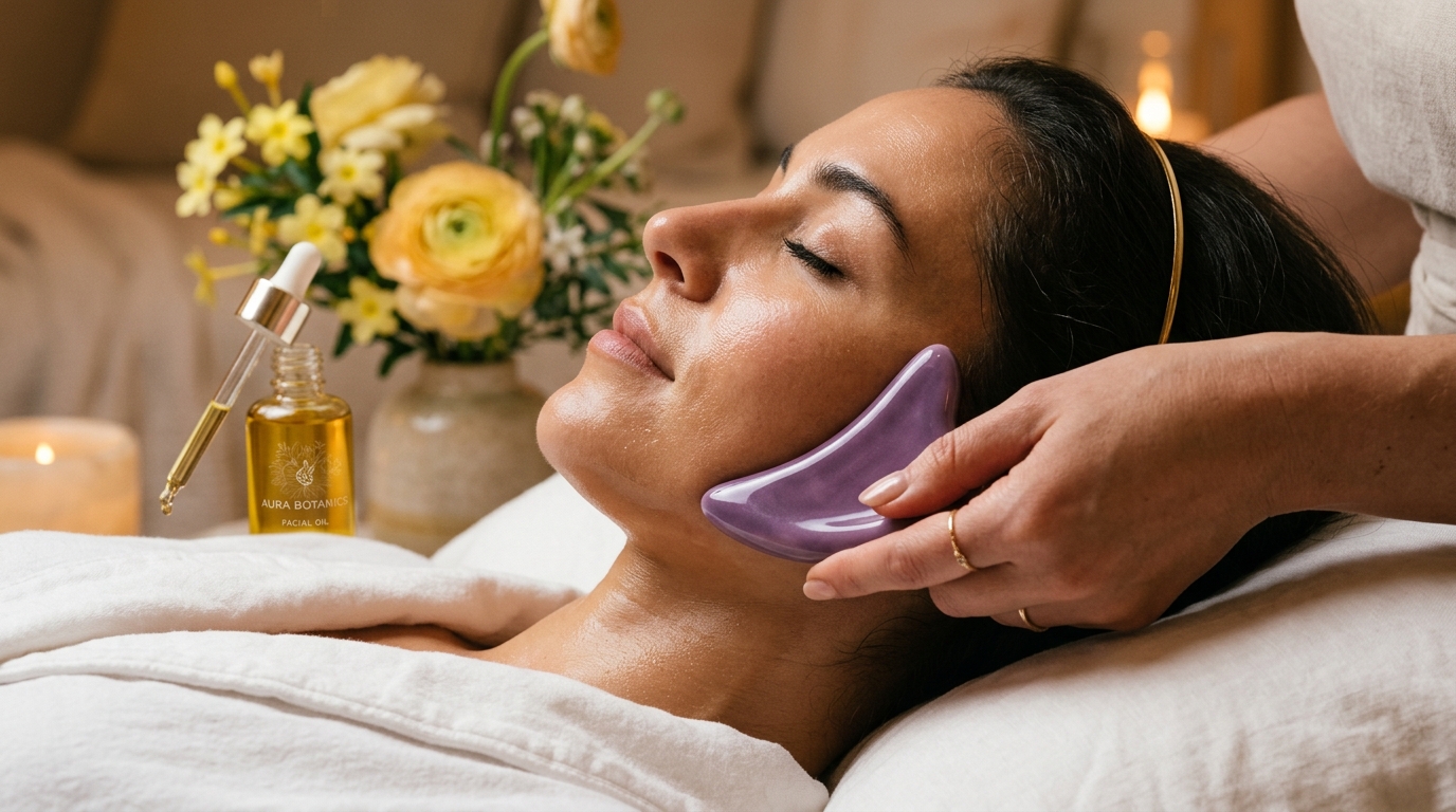 An elegant, high-end close-up photograph of a woman's serene face from a side profile, with a gentle hand smoothly massaging her jawline using a purple ceramic guasha tool. The background is soft-focused with subtle gold reflections, a bottle of facial oil with a dropper, blooming yellow flowers, warm jasmine light, aesthetic, professional spa concept, 8k resolution
