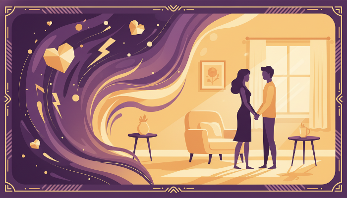 연애 초반의 강렬한 설렘에서 안정적인 애착 단계로 넘어가는 과정을 시각화한 감성적인 일러스트