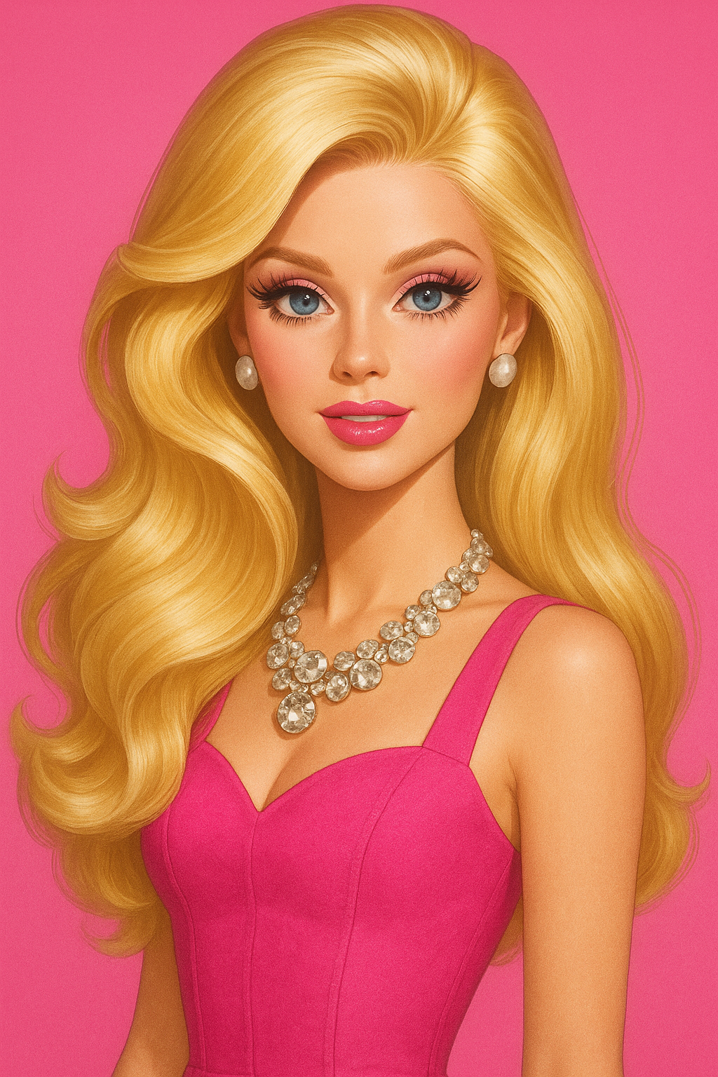 화려한 바비 인형 스타일의 금발 소녀, 핑크 배경, 하이패션 느낌, 챗지피티 그림