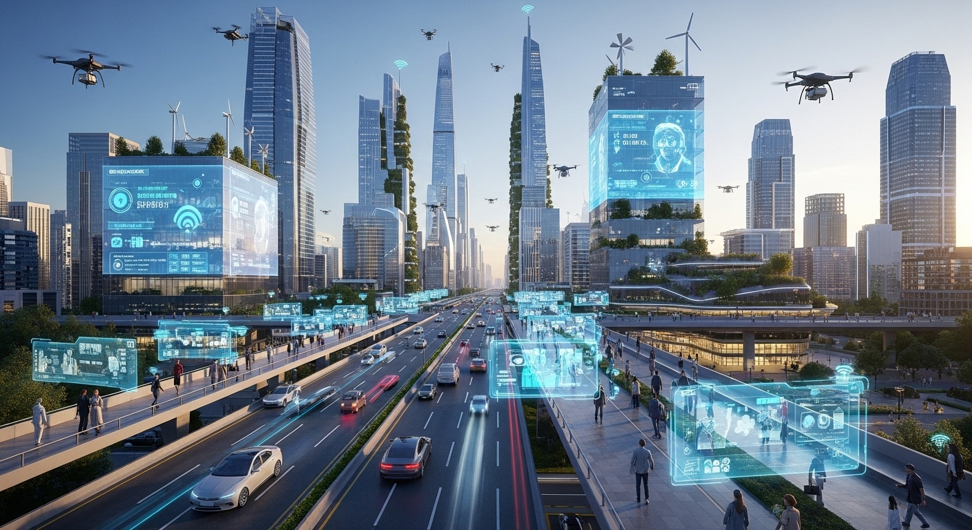 AI 반도체 기술로 초연결된 2030년 친환경 스마트시티와 증강현실(AR) 기술을 활용하는 시민들의 미래 모습