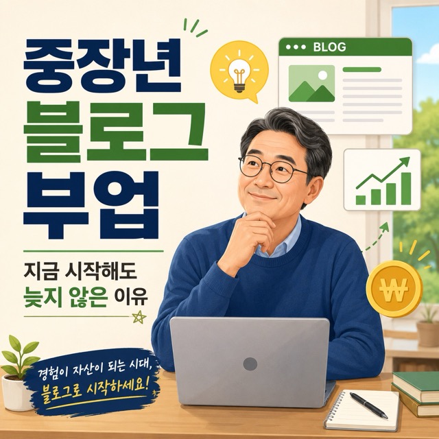 중장년 블로그 부업을 시작하는 동양인 남성이 노트북 앞에서 블로그 수익화와 온라인 부업을 고민하는 모습