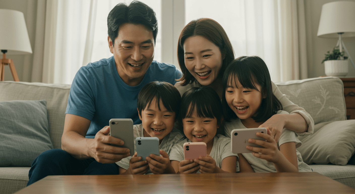 거실에서 스마트폰 화면으로 소비쿠폰 지급 확인을 하고 기뻐하는 모습 2